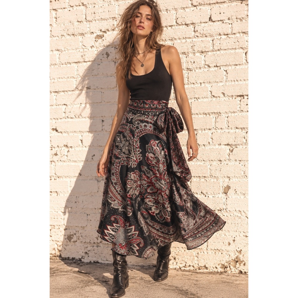 Vintage Black Red Satin Paisley Wrap Skirt Boho Maxi 90s WhimsyGoth Witchy XL